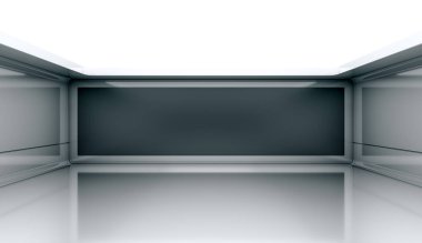 Siyah ekranlı çağdaş fütüristik kavram arka planı. Boş, karanlık, karanlık, aydınlık bir oda. 3B Hazırlama.