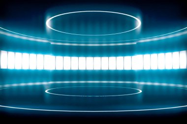 Parlak ışığı olan fütüristik boş sahne. Modern Gelecek Teknolojisi Bilim-Kurgu iç konsepti. 3d oluşturma