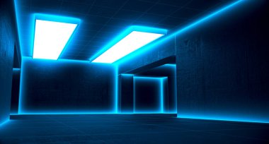 Soyut mavi neon ışıklar boş odada parlıyor. Grunge dokusu. Geleceğe yönelik bir geçmiş. 3d resimleme