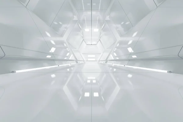 Absztrakt Hatszög Űrhajó Folyosó Futurisztikus Alagút Fénnyel Jövőbeli Belső Háttér — Stock Fotó