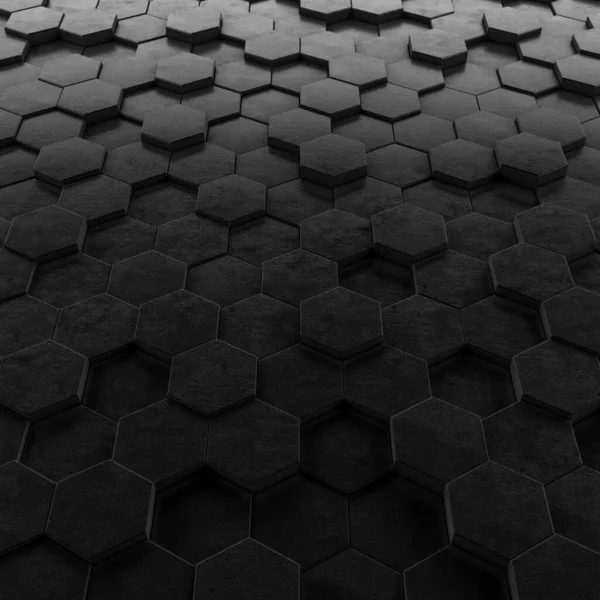 概要六角形の背景 多角形の六角形の暗い表面を研削します 未来的なテクノロジーブラックテクスチャコンセプト 3Dレンダリング — ストック写真