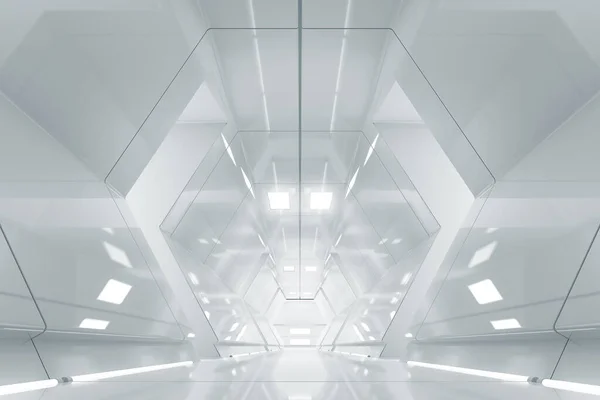 Abstract Hexagon Spaceship Corridor Futuristic Tunnel Light Future Interior Background — Stock Photo, Image