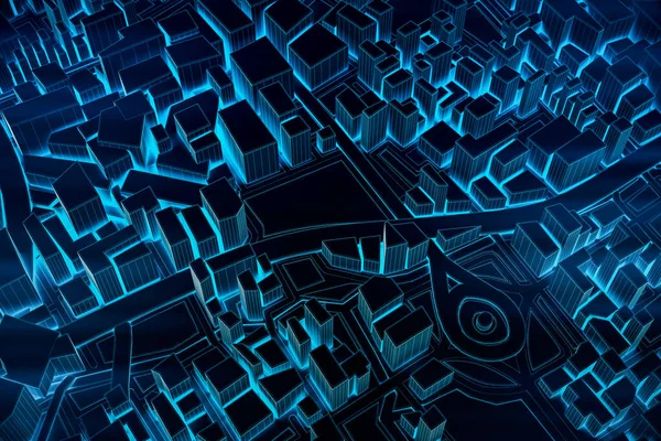 Soyut Fütürist Karanlık ve 3D şehir haritası, seyahat ve turizm gelecek teknoloji konsepti. 3B illüstrasyon.