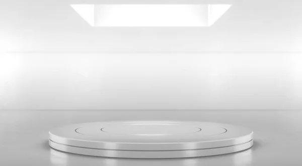Yuvarlak beyaz sahne podyumu. Boş ürün standı. Ekran platformu. Tasarım için yayalar. 3B görüntüleme.