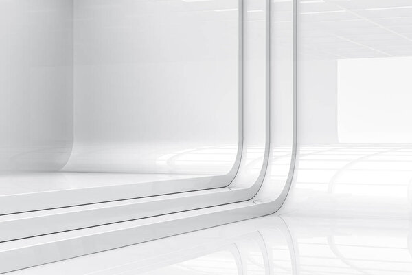 Abstract white backdrop with light and reflection. Elegant highlights clean space modern showroom concept. 3d rendering