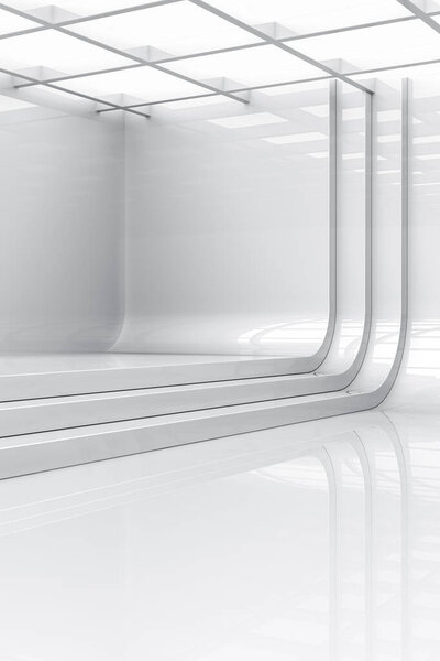 Abstract white backdrop with light and reflection. Elegant highlights clean space modern showroom concept. 3d rendering