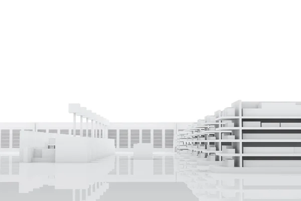 Supermarket with Shelves. White store. 3D rendering.