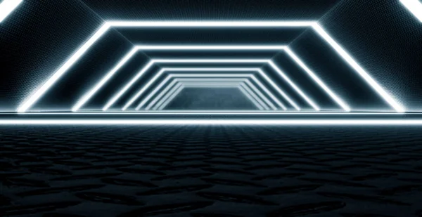 Неоновий Blue Lighted Sci Futuristic Тунель Майбутній Космічний Коридор Металева — стокове фото