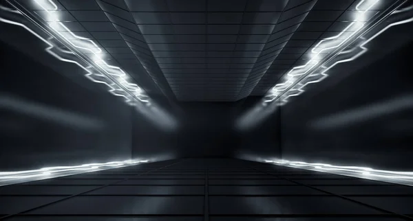 Modern Tech Sötét Szoba Tér Fehér Színű Neon Világító Fény — Stock Fotó