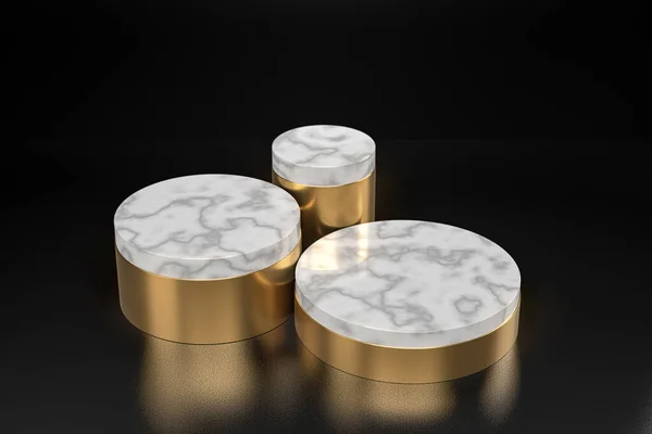 Minimal Weißes Marmorzylinderkreispodest Runde Goldene Bühnenplattform Auf Schwarzem Hintergrund Luxus — Stockfoto