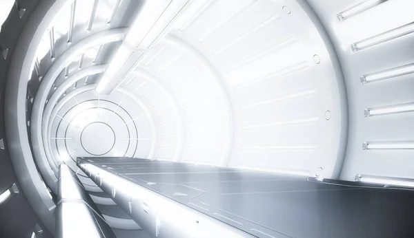 Işıklı gelecekçi beyaz tünel. Uzun koridor manzarası. Gelecekteki bilim kurgu konsepti. 3B görüntüleme.