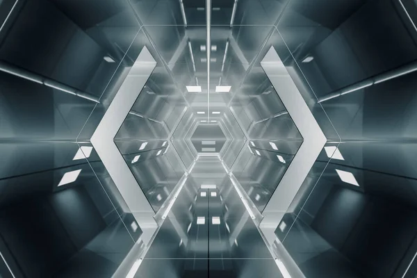 概要六角形の宇宙船回廊 光で未来的なトンネル 将来のインテリアの背景 ビジネス Sf科学の概念 3Dレンダリング — ストック写真