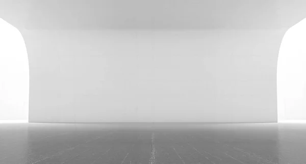 Пустое Абстрактное Белое Пространство Кривой Стеной Современный Лакированный Салон Полом — стоковое фото