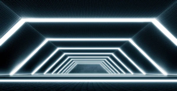 Neon Blue Lighted Sci Futuristisk Tunnel Framtida Rymdskeppskorridor Metal Texture — Stockfoto