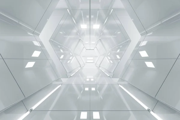 Absztrakt Hatszög Űrhajó Folyosó Futurisztikus Alagút Fénnyel Jövőbeli Belső Háttér — Stock Fotó