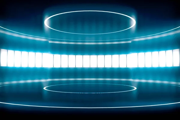 Parlak ışığı olan fütüristik boş sahne. Modern Gelecek Teknolojisi Bilim-Kurgu iç konsepti. 3d oluşturma