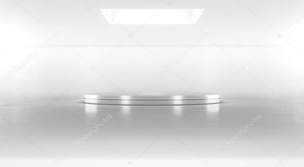 Round white stage podium. Blank product stand. Platform for display. Pedestal for design. 3D rendering.