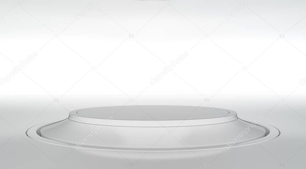 Abstract modern white interior showroom. Podium for product display. Curved stage design futuristic background. 3d render.