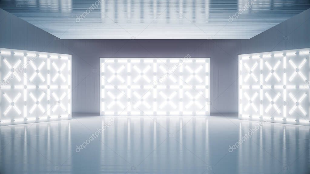 Glowing neon lighting on wall and a blank stage background for product placement. 3D illustration.