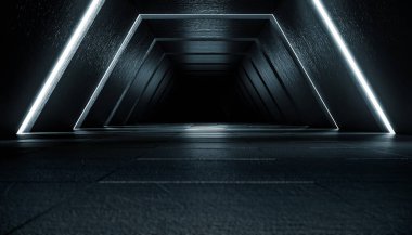 Soyut fütüristik karanlık koridor iç tasarımı. Gelecek konsepti. 3B Hazırlama