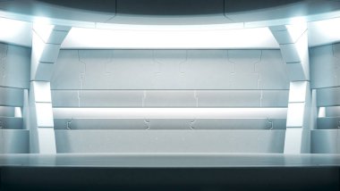 Gelecekçi boş sahne. Modern Gelecek Teknolojisi Bilim-Kurgu iç konsepti. 3d Hazırlama