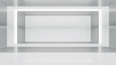 Boş koridoru ışıkla soyut hale getir. Gelecekçi beyaz uzay iç tasarımı. 3d illüstrasyon