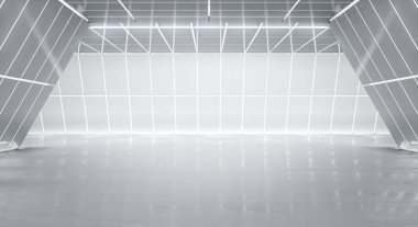 Aydınlatılmış koridor iç tasarımı. Işık ve yansıma arka planına sahip soyut gelecekçi tünel. 3B görüntüleme.