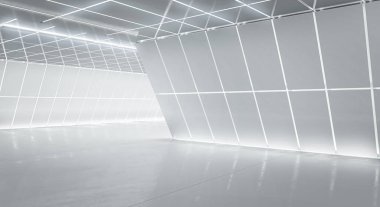 Aydınlatılmış koridor iç tasarımı. Işık ve yansıma arka planına sahip soyut gelecekçi tünel. 3B görüntüleme.