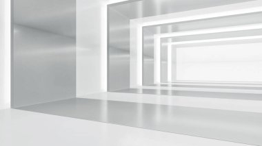 Boş koridoru ışıkla soyut hale getir. Gelecekçi beyaz uzay iç tasarımı. 3d illüstrasyon