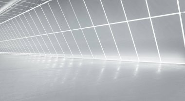 Aydınlatılmış koridor iç tasarımı. Işık ve yansıma arka planına sahip soyut gelecekçi tünel. 3B görüntüleme.