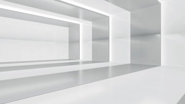 Boş koridoru ışıkla soyut hale getir. Gelecekçi beyaz uzay iç tasarımı. 3d illüstrasyon