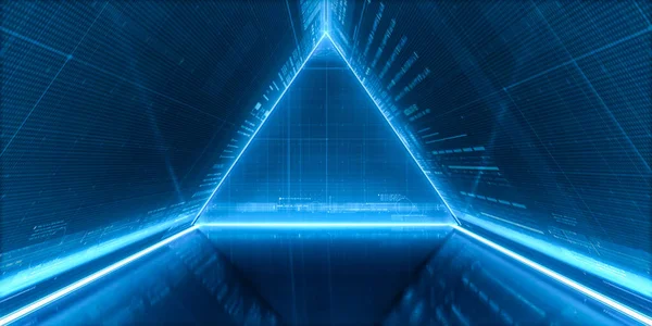 Geleceğin uzay gemisi koridoru. Soyut modern arka plan. Işıklı üçgen tünel. Bilim kurgu koridoru kavramı. 3d oluşturma.