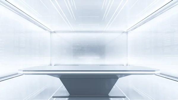 Aydınlatılmış ışıkla sergilemek için fütüristik kaide. Ürün için boş parlak podyum. 3d illüstrasyon.