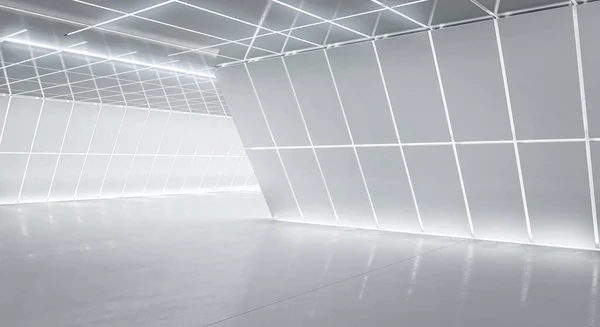 Aydınlatılmış koridor iç tasarımı. Işık ve yansıma arka planına sahip soyut gelecekçi tünel. 3B görüntüleme.