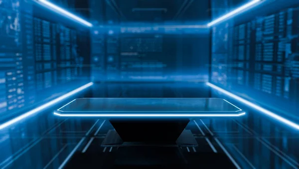 Aydınlatılmış ışıkla sergilenmek için fütürist masa kaidesi. Ürün için boş parlak podyum. Sahne ve bilim kurgu kavramları. 3d illüstrasyon.