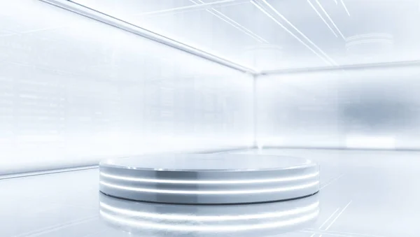 Aydınlatılmış ışıkla sergilemek için fütüristik kaide. Ürün için boş parlak podyum. 3d illüstrasyon.