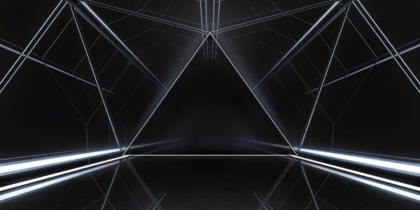 Abstrakt Triangel Rymdskepp Korridor Futuristisk Tunnel Med Ljus Framtida Interiör — Stockfoto