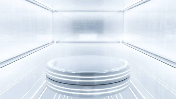 Aydınlatılmış ışıkla sergilemek için fütüristik kaide. Ürün için boş parlak podyum. 3d illüstrasyon.
