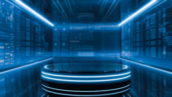 Aydınlatılmış ışıkla sergilenmek için fütürist masa kaidesi. Ürün için boş parlak podyum. Sahne ve bilim kurgu kavramları. 3d illüstrasyon.