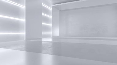 Neon ışıkları olan boş beyaz oda. Gelecekçi tünel mimarisi geçmişi. Metal duvarlı bir kutu. 3d hazırlayıcı