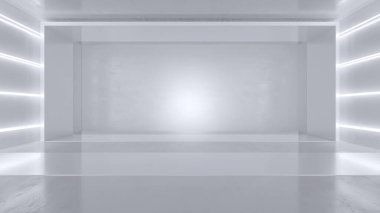 Neon ışıkları olan boş beyaz oda. Gelecekçi tünel mimarisi geçmişi. Metal duvarlı bir kutu. 3d hazırlayıcı