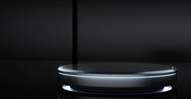 Boş silindir ürün standı ve Siyah arka plan. Işıklı görüntü için fütüristik kaide. 3d Hazırlama.