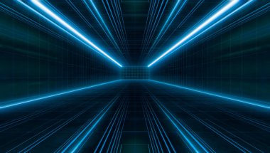 Soyut fütüristik ışık kablosu tüneli. Uzun Uzay Gemisi Koridoru iç görünümü. Gelecekteki bilim kurgu konsepti. 3B görüntüleme.