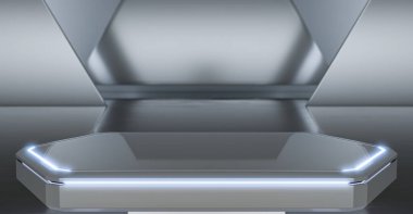 Ürün sergisi olan şık fütüristik Showroom Arkaplanı. Geleceğin modern tasarımı Pedestal Showcase Sahnesi. 3B Hazırlama