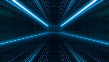 Soyut fütüristik ışık kablosu tüneli. Uzun Uzay Gemisi Koridoru iç görünümü. Gelecekteki bilim kurgu konsepti. 3B görüntüleme.