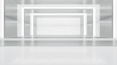 Boş koridoru ışıkla soyut hale getir. Gelecekçi beyaz uzay iç tasarımı. 3d illüstrasyon