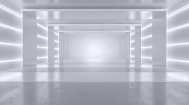 Neon ışıkları olan boş beyaz oda. Gelecekçi tünel mimarisi geçmişi. Metal duvarlı bir kutu. 3d hazırlayıcı