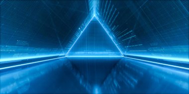 Geleceğin uzay gemisi koridoru. Soyut modern arka plan. Işıklı üçgen tünel. Bilim kurgu koridoru kavramı. 3d oluşturma.