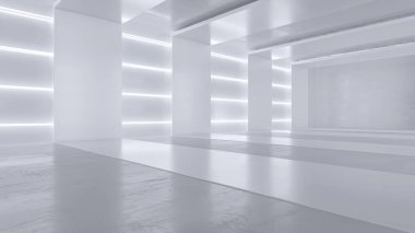 Neon ışıkları olan boş beyaz oda. Gelecekçi tünel mimarisi geçmişi. Metal duvarlı bir kutu. 3d hazırlayıcı