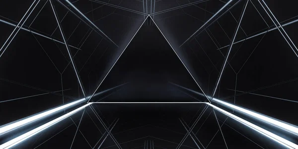 Abstrakt Triangel Rymdskepp Korridor Futuristisk Tunnel Med Ljus Framtida Interiör — Stockfoto